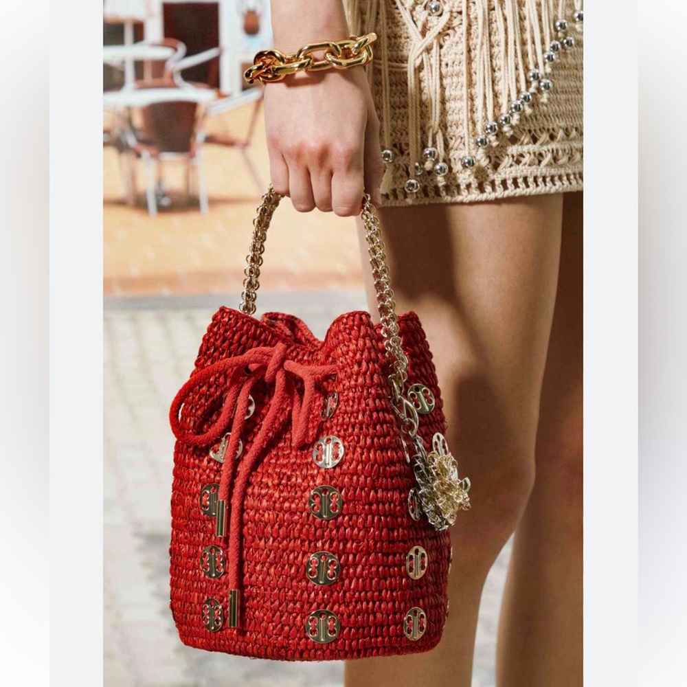 Paco Rabanne red raffia bucket bag new